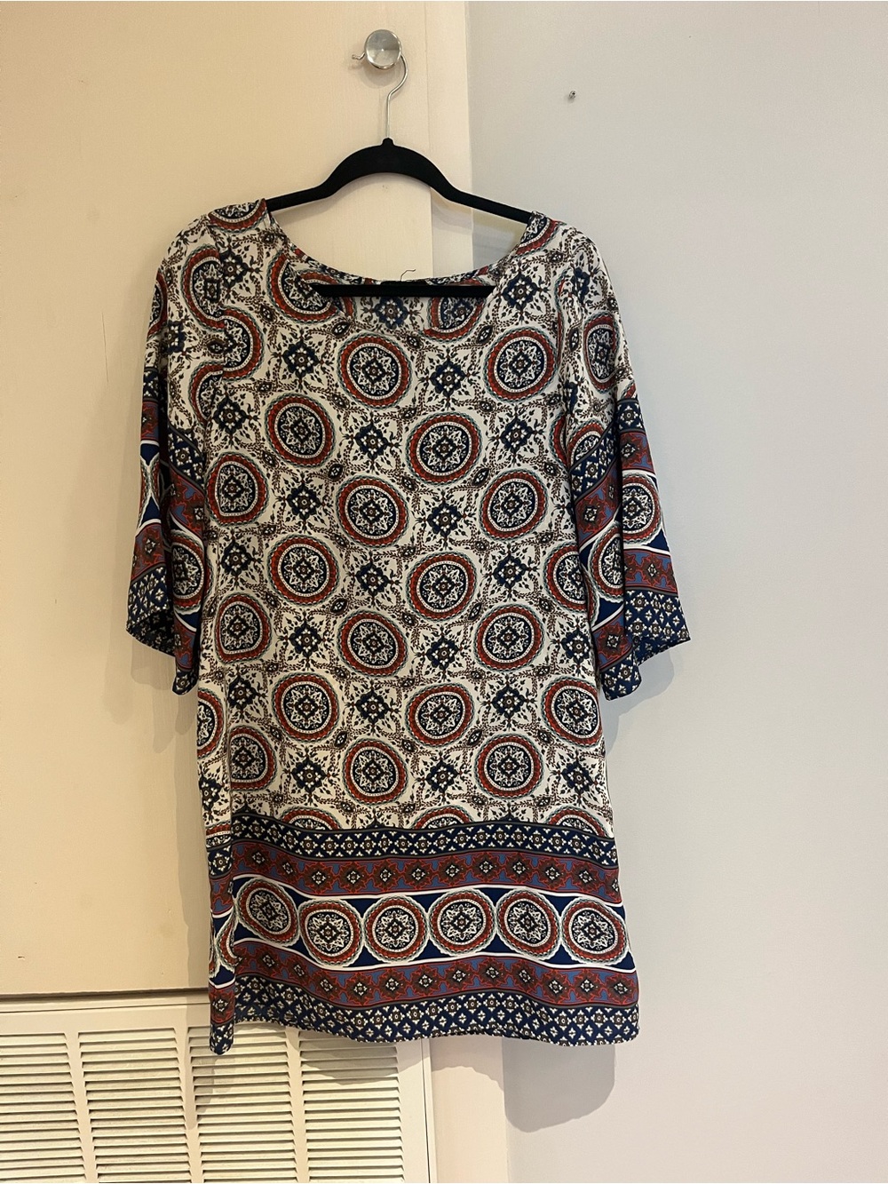 BeBop White Dress with Rust and Navy Medallion Print